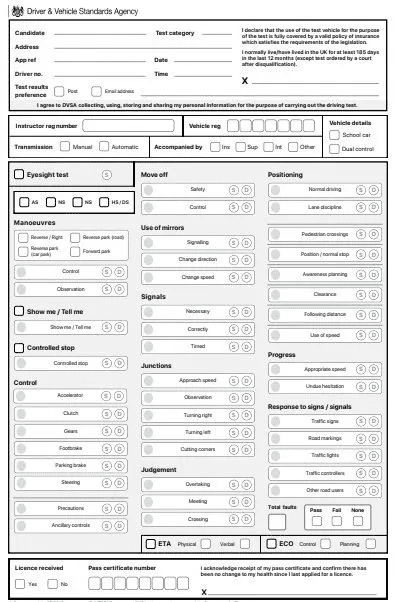 Dl25 Driving Test Fault Sheet DL25 driving test fault sheet